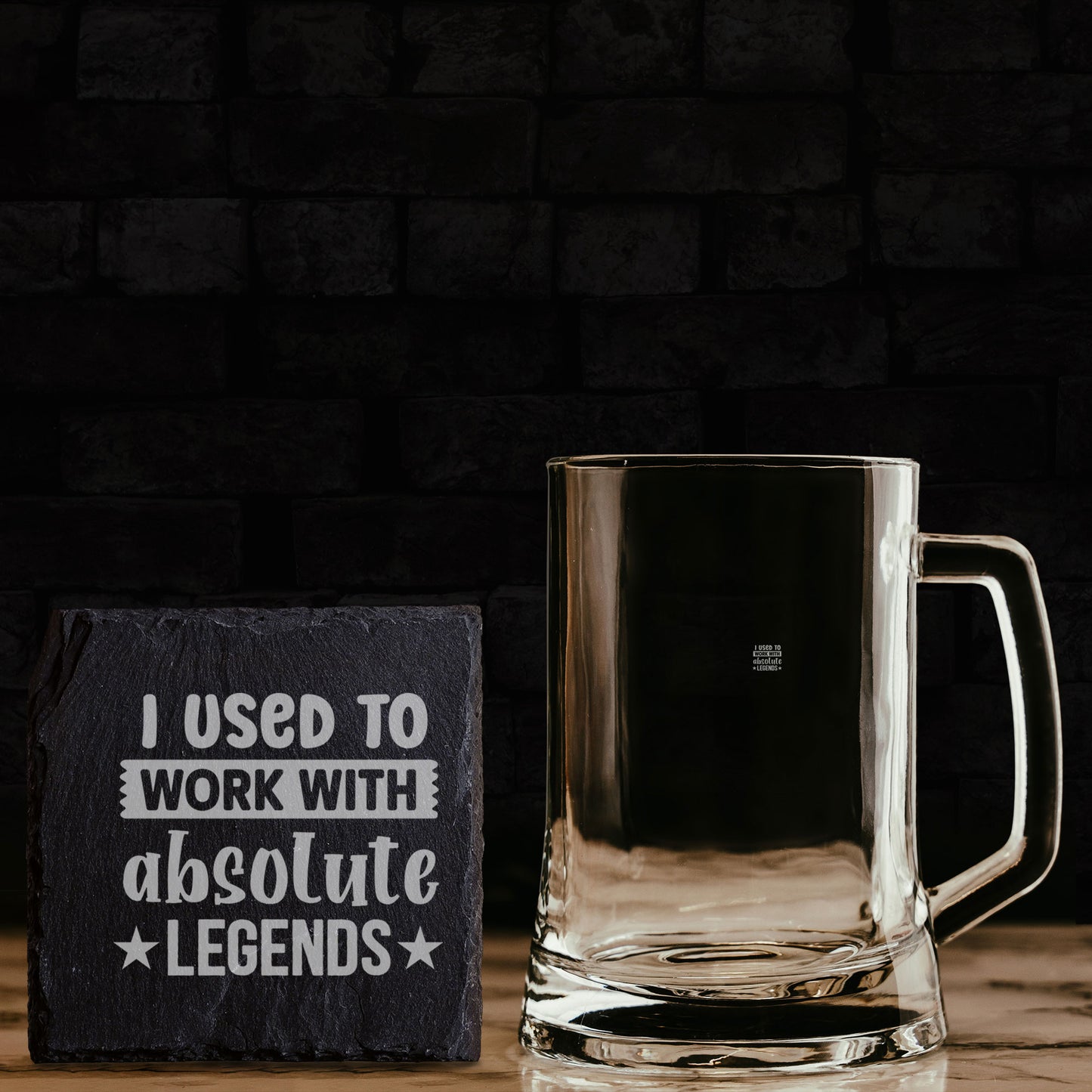 Engraved I Used to Work with Absolute Legends Beer Stein Glass & Slate Coaster