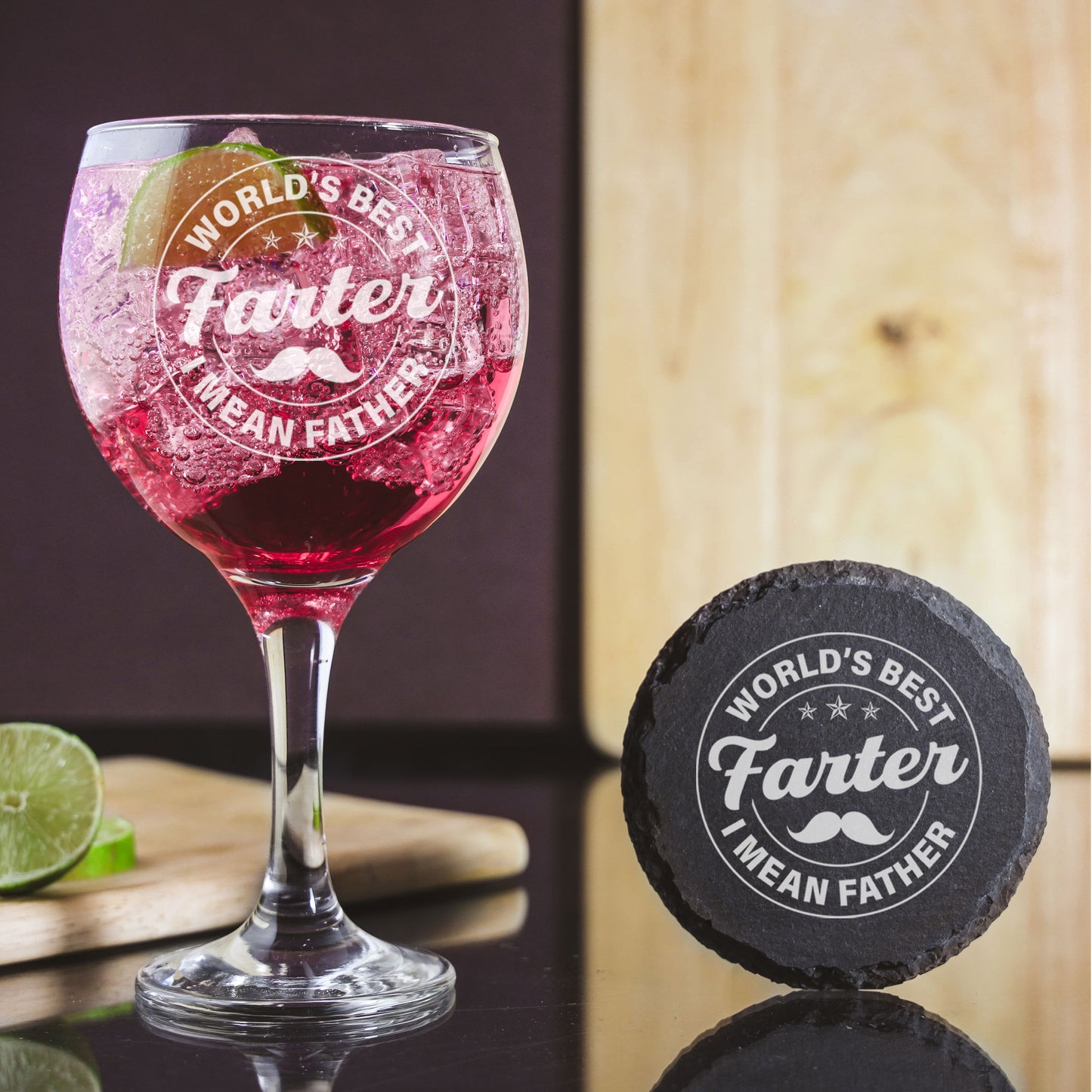 Personalised Goblet Gin Glass & Slate Coaster Set Gift for Dad