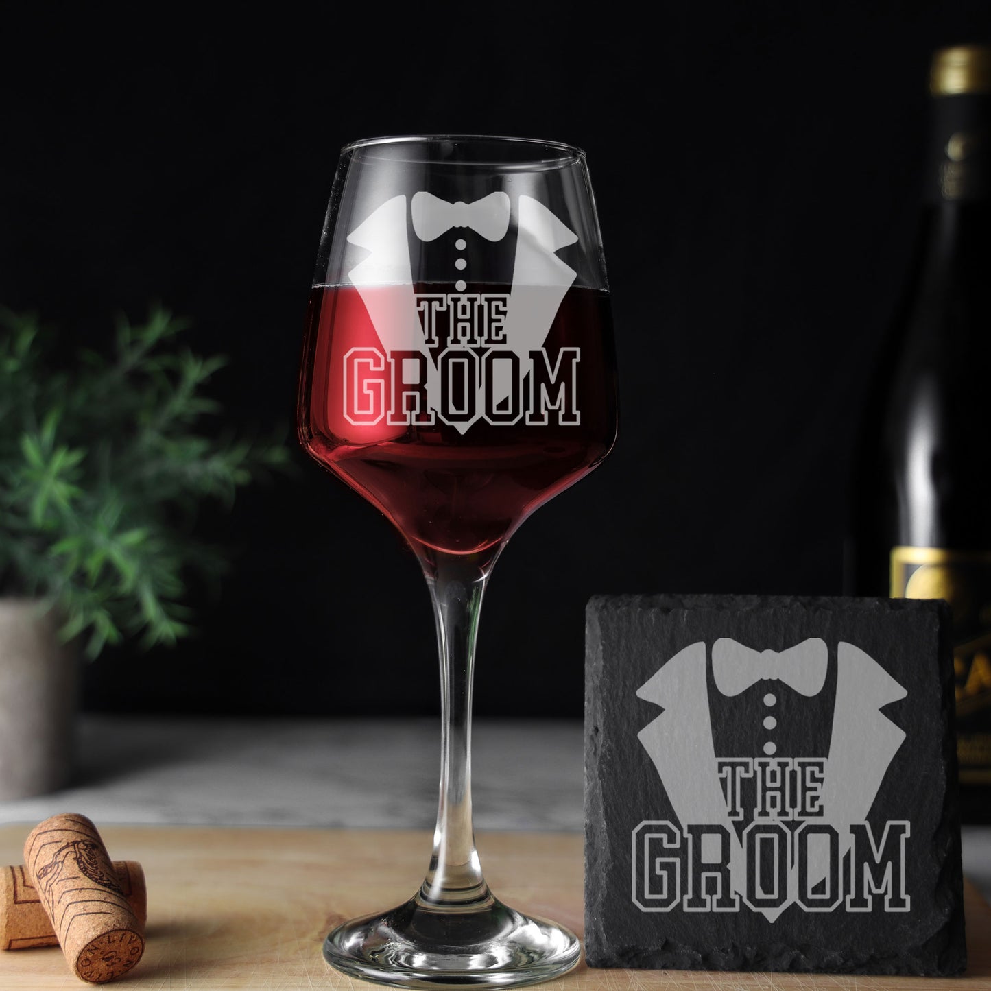 The Groom Engraved Wine Glass and/or Coaster Set - Always Looking Good - Glass & Square Coaster Set