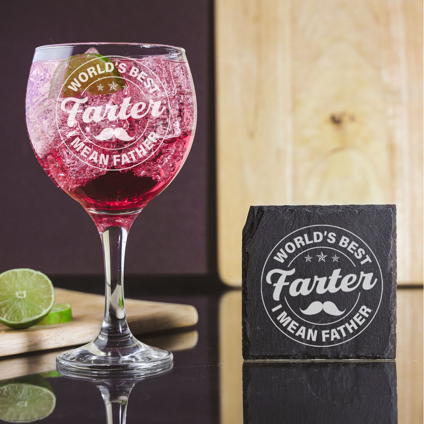 Personalised Goblet Gin Glass & Slate Coaster Set Gift for Dad