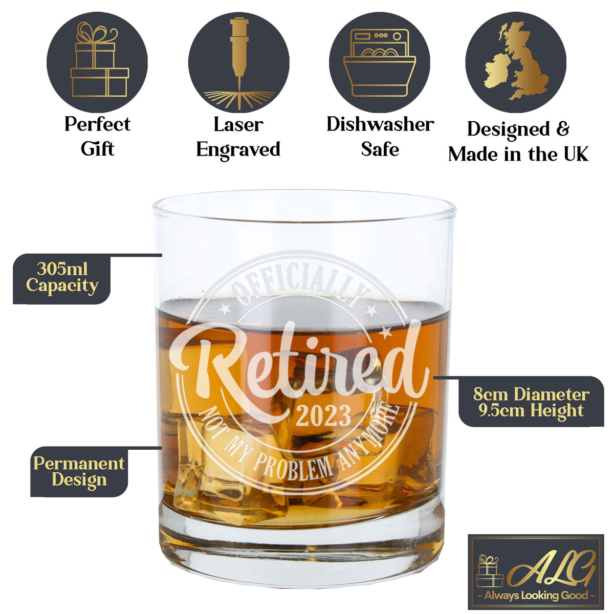 Officially Retired Engraved Whisky Glass and/or Coaster Set - Always Looking Good -
