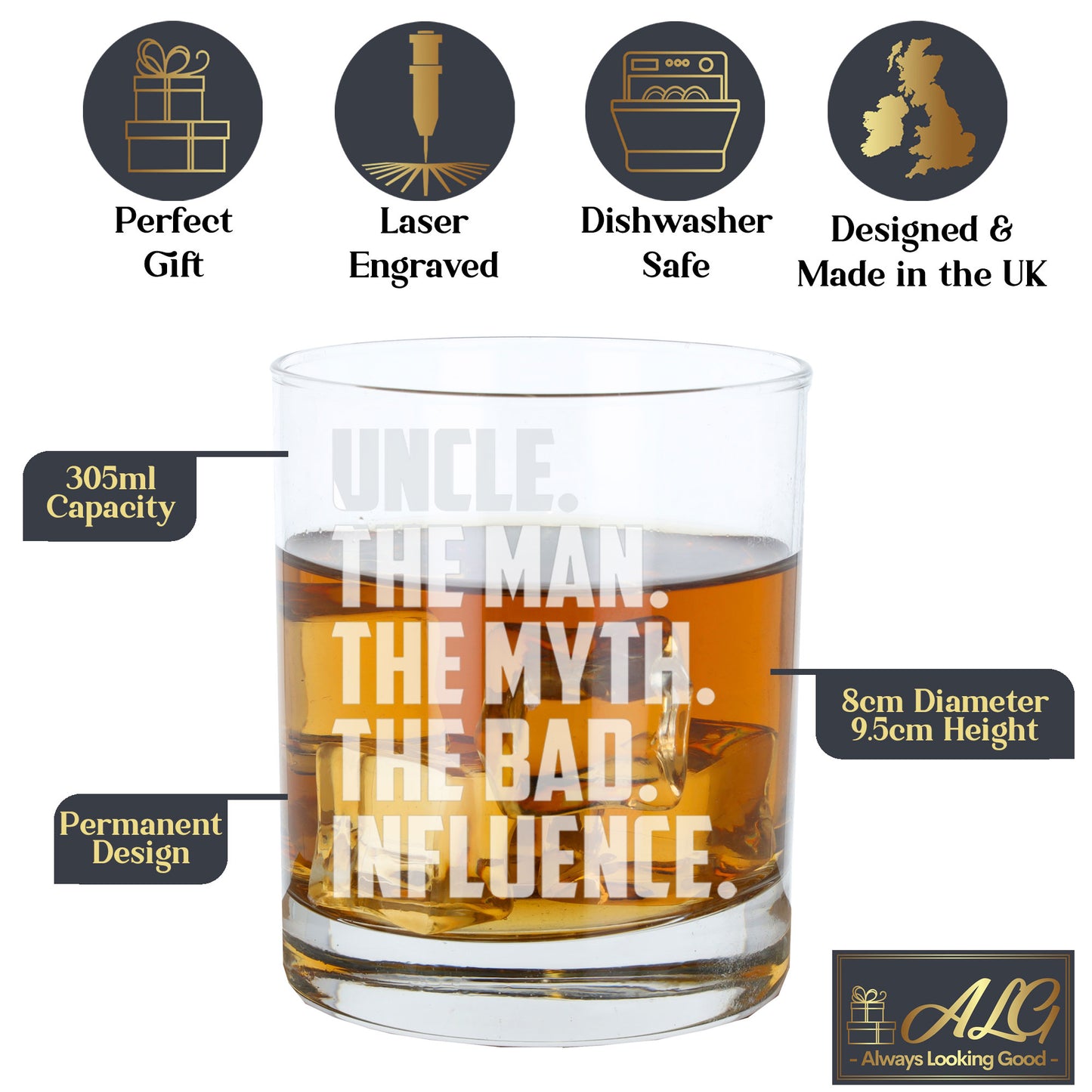 Uncle, The Man, The Myth, The Bad Influence Engraved Whisky Glass and/or Coaster Set - Always Looking Good -