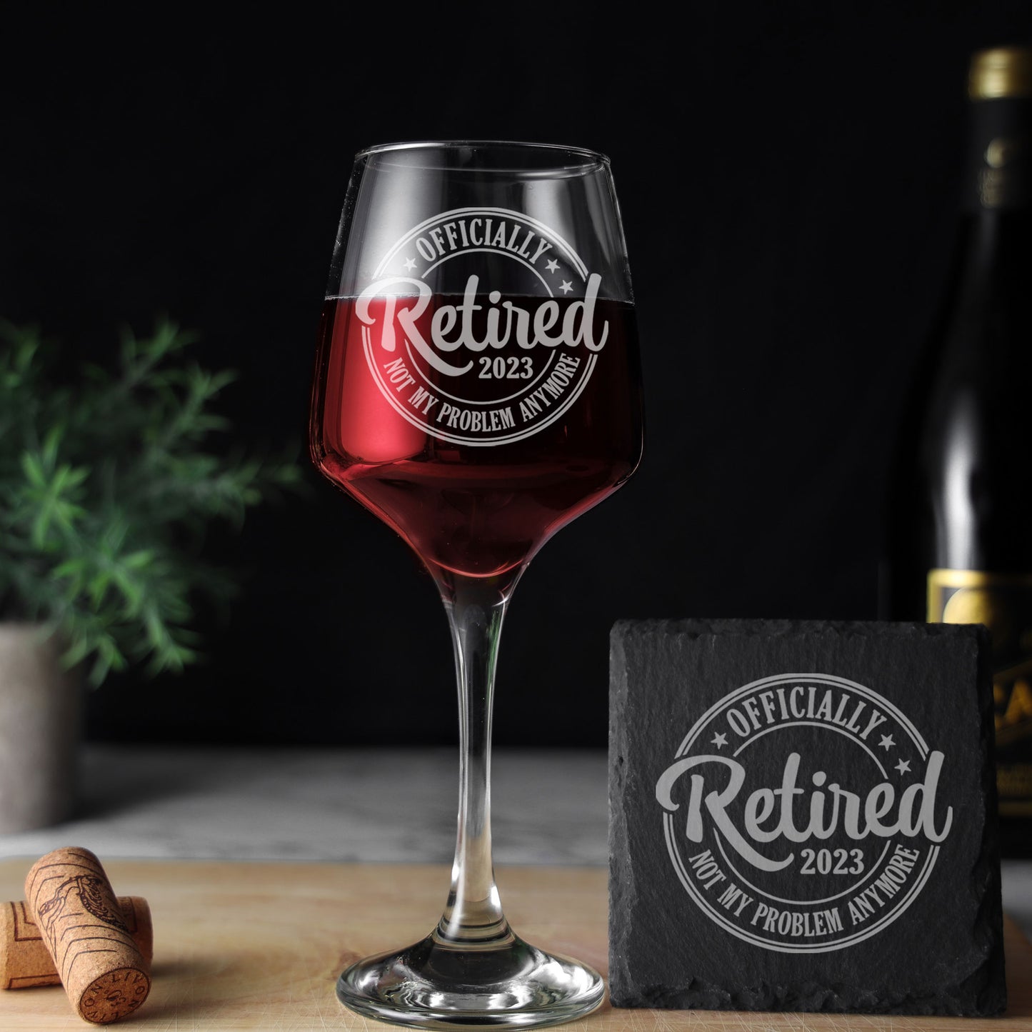 Officially Retired Engraved Wine Glass and/or Coaster Set - Always Looking Good - Glass & Square Coaster Set