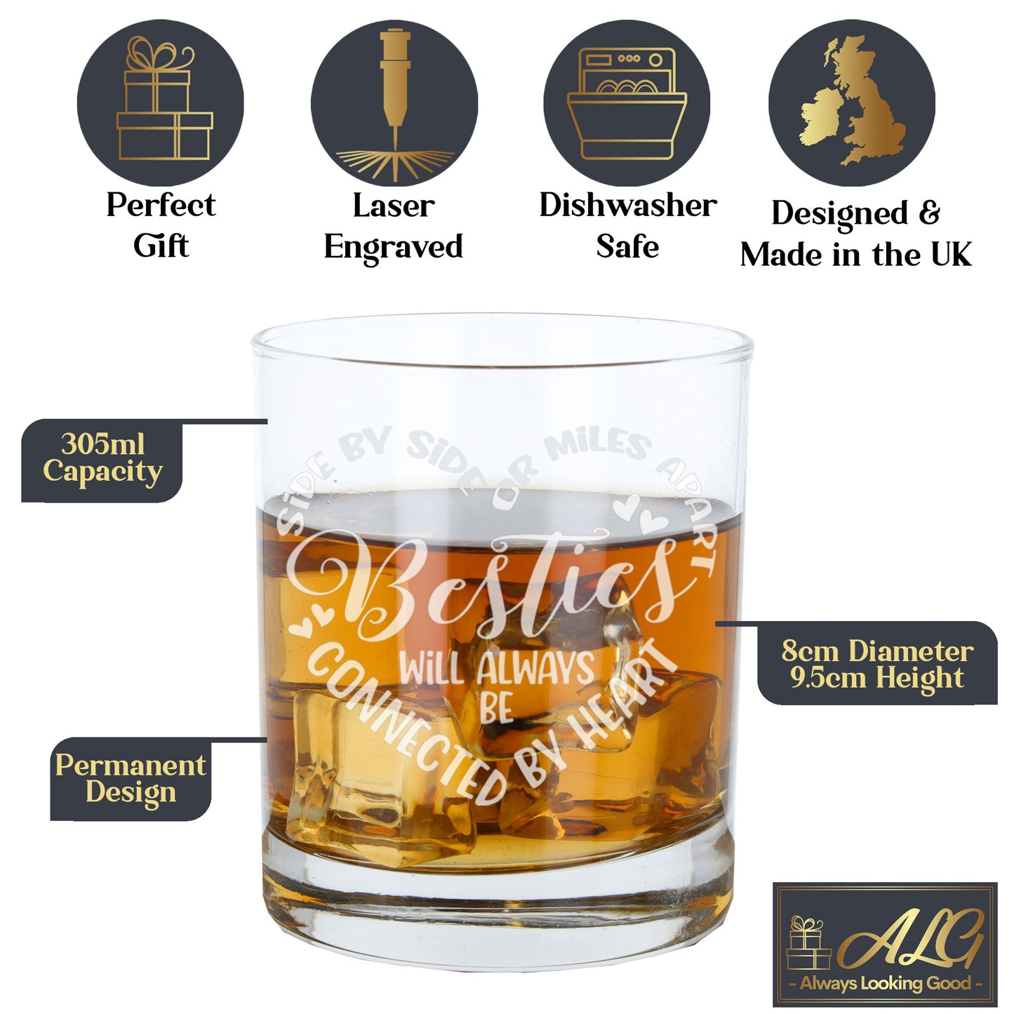 Besties Connected By Heart Engraved Whisky Glass and/or Coaster Set - Always Looking Good -