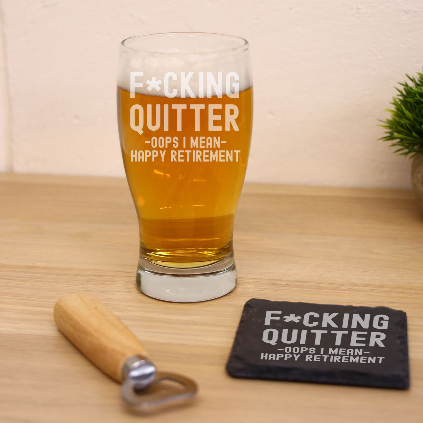 Engraved "F*cking Quitter, Oops I mean Happy Retirement" Beer Glass and/or Coaster Novelty Gift - Always Looking Good - Glass & Square Coaster Set