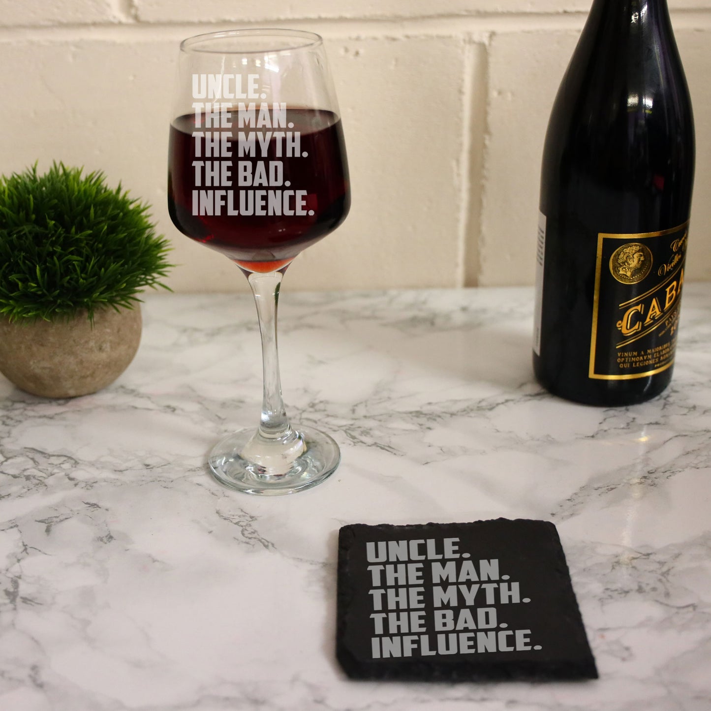 Uncle, The Man, The Myth, The Bad Influence Engraved Wine Glass and/or Coaster Set - Always Looking Good -