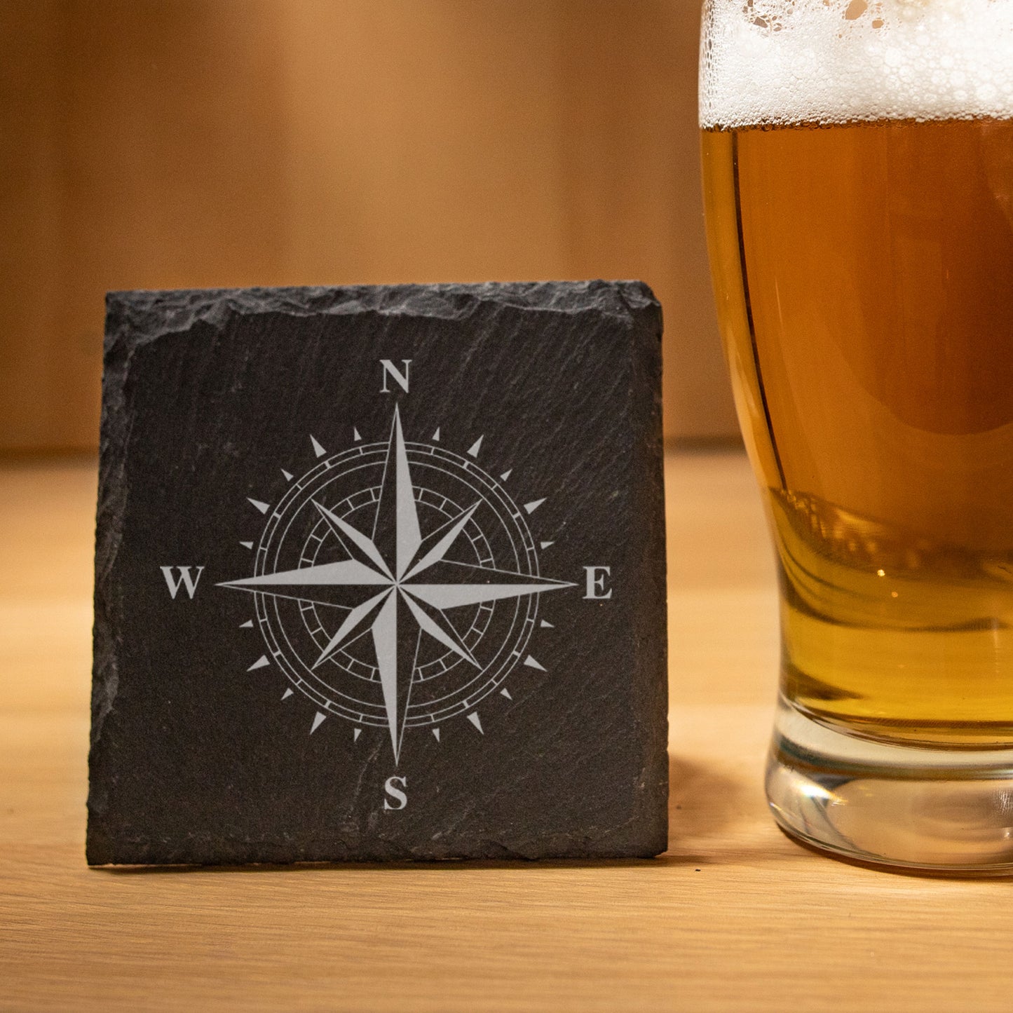 Compass Engraved Beer Pint Glass and/or Coaster Set - Always Looking Good - Glass & Square Coaster Set laser engraved beer glass