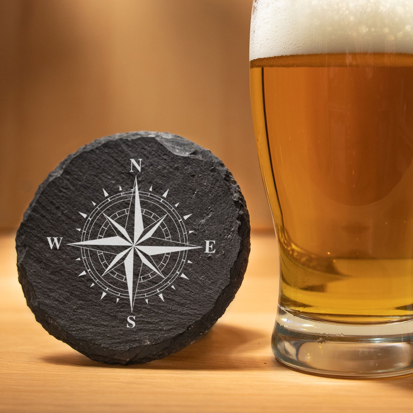 Compass Engraved Beer Pint Glass and/or Coaster Set - Always Looking Good - Glass & Round Coaster Set laser engraved beer glass