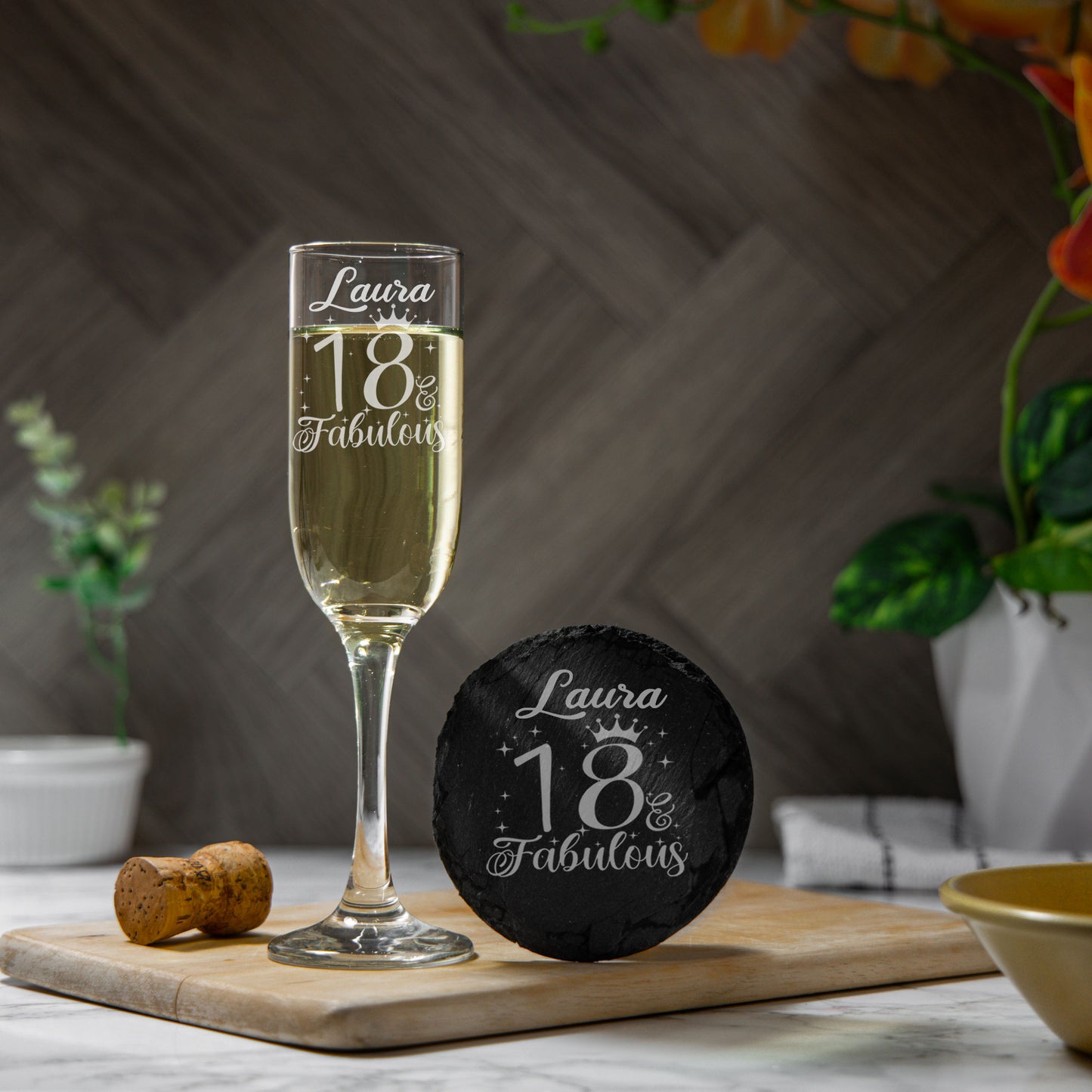 AGE & Fabulous Gifts - (18-100) Age Engraved Champagne Glass and/or Coaster
- Always Looking Good - Glass & Square Coaster Set