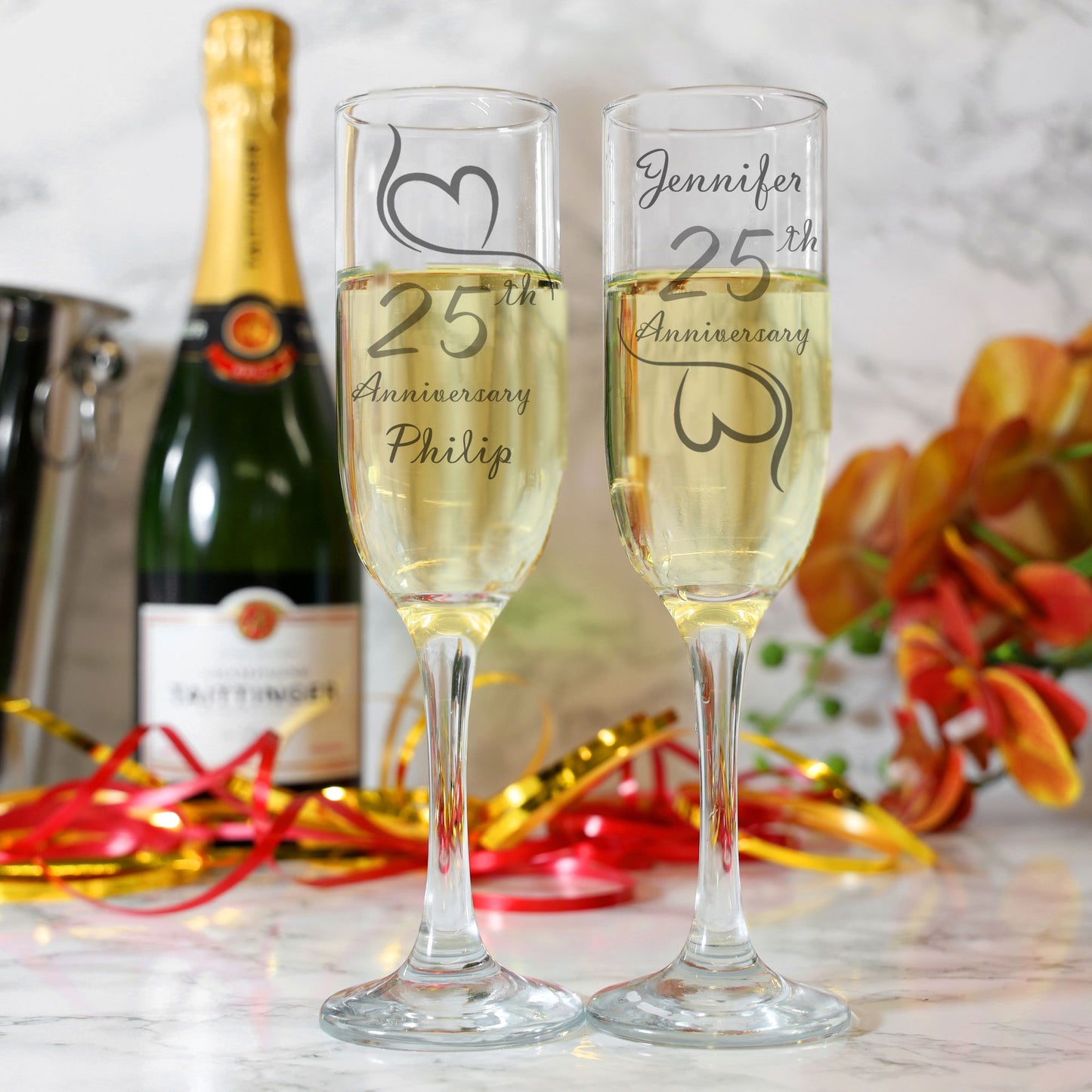ANY YEAR Personalised Wedding Anniversary Engraved Couple Champagne Glasses