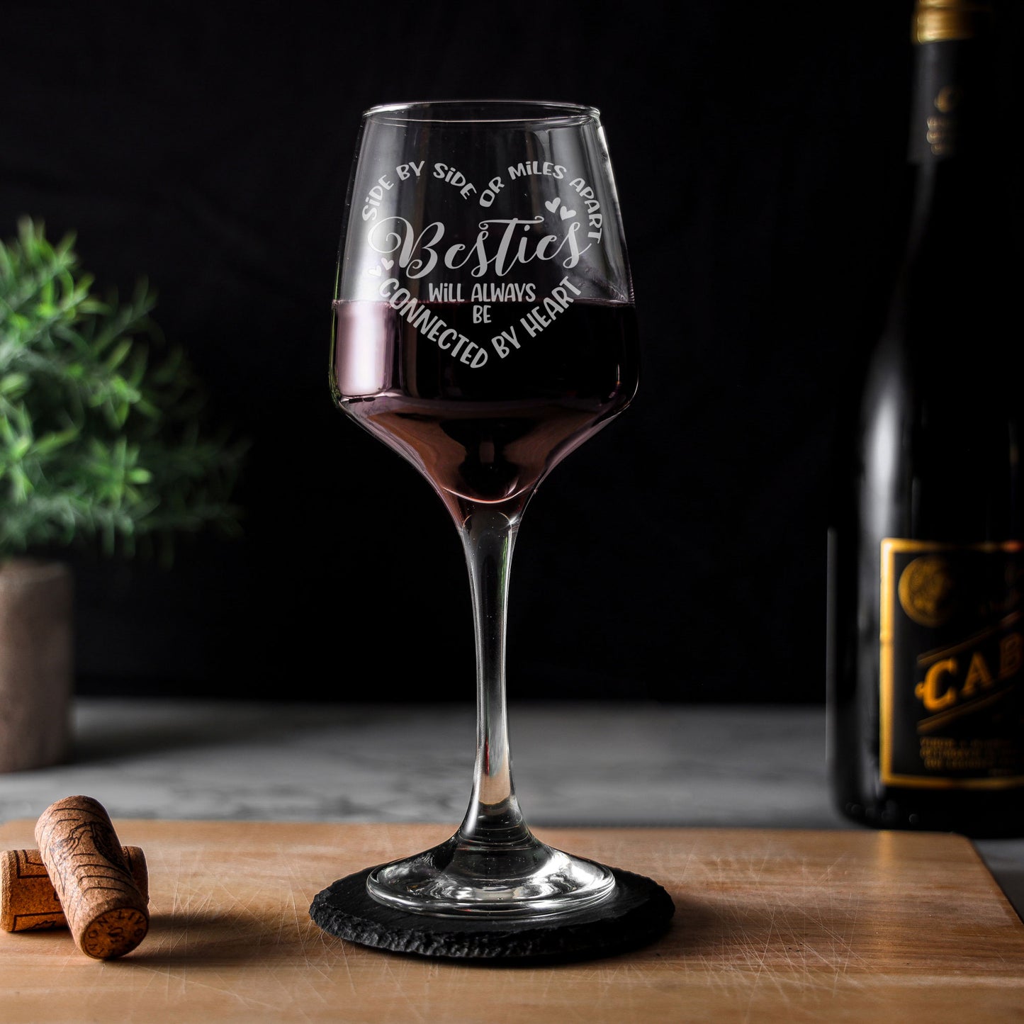 Besties Connected By Heart Engraved Wine Glass and/or Coaster Set - Always Looking Good -