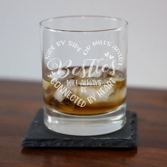 Besties Connected By Heart Engraved Whisky Glass and/or Coaster Set  - Always Looking Good -