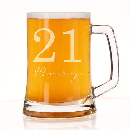 Personalised Beer Stein Glass & Coaster – Engraved with Age & Name Gift Set