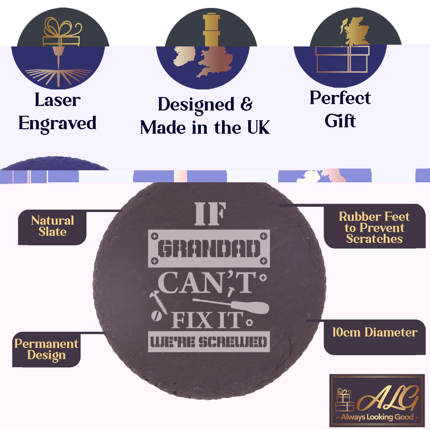 Engraved "If Grandad Can't Fix It We're Screwed " Novelty Whisky Glass and/or Coaster Set - Always Looking Good -