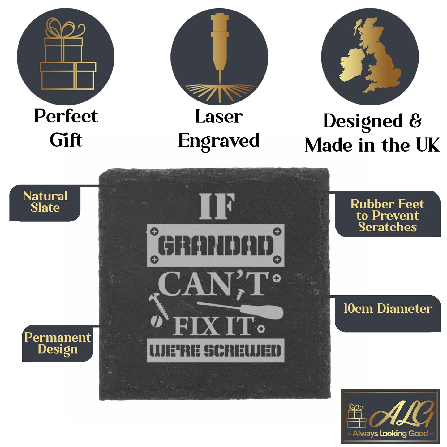 Engraved "If Grandad Can't Fix It We're Screwed " Novelty Whisky Glass and/or Coaster Set - Always Looking Good -