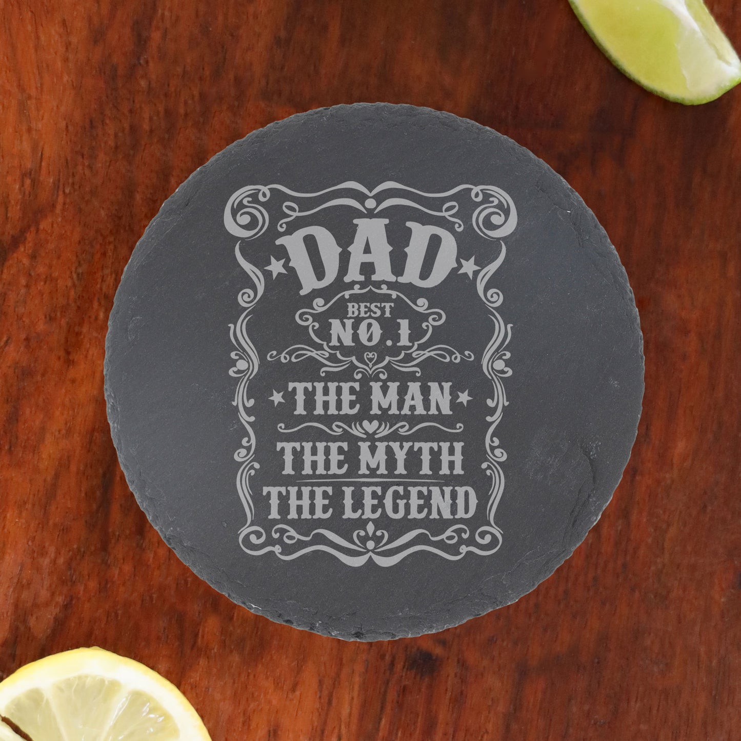 Dad The Man The Myth The Legend Engraved Wine Glass and/or Coaster Set - Always Looking Good - Round Coaster Only