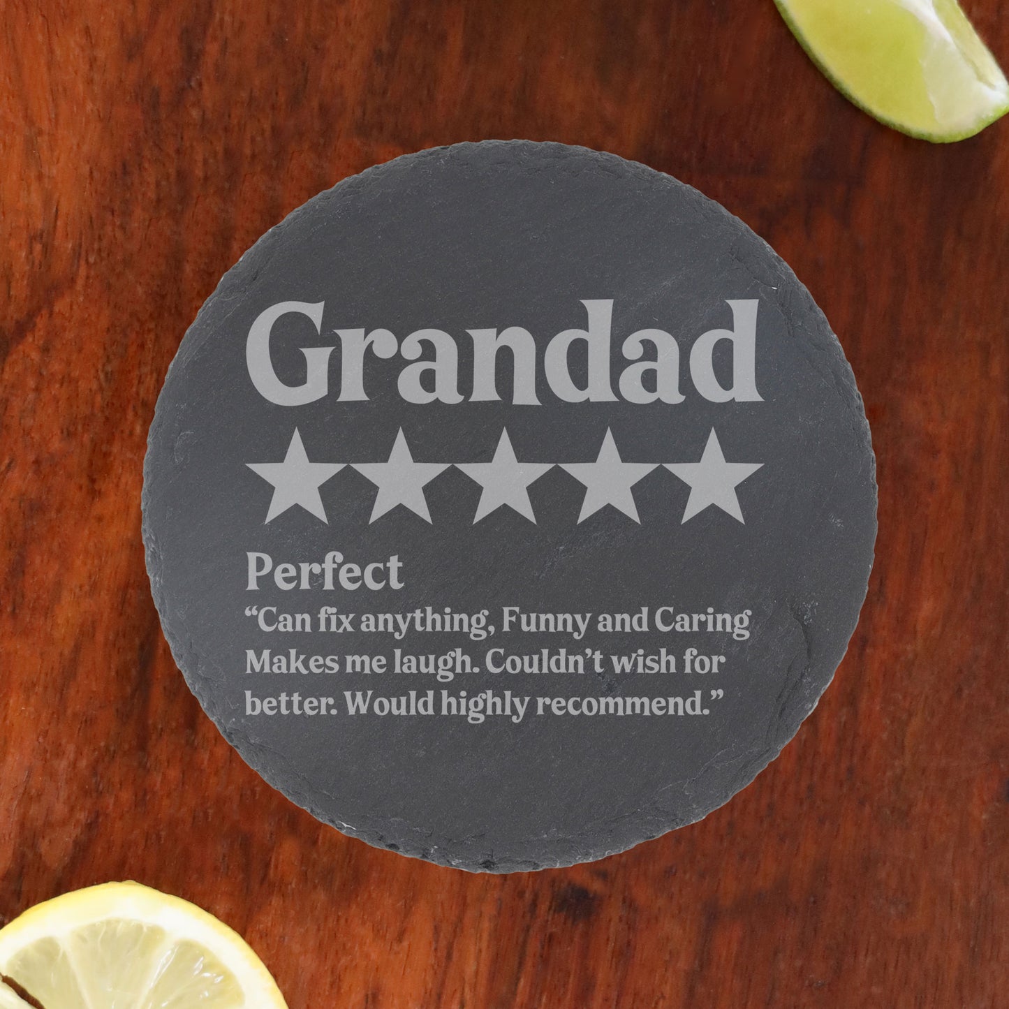 Personalised Novelty 5 Star Review Engraved Pint Glass and/or Coaster Set - Always Looking Good - Round Coaster On Its Own