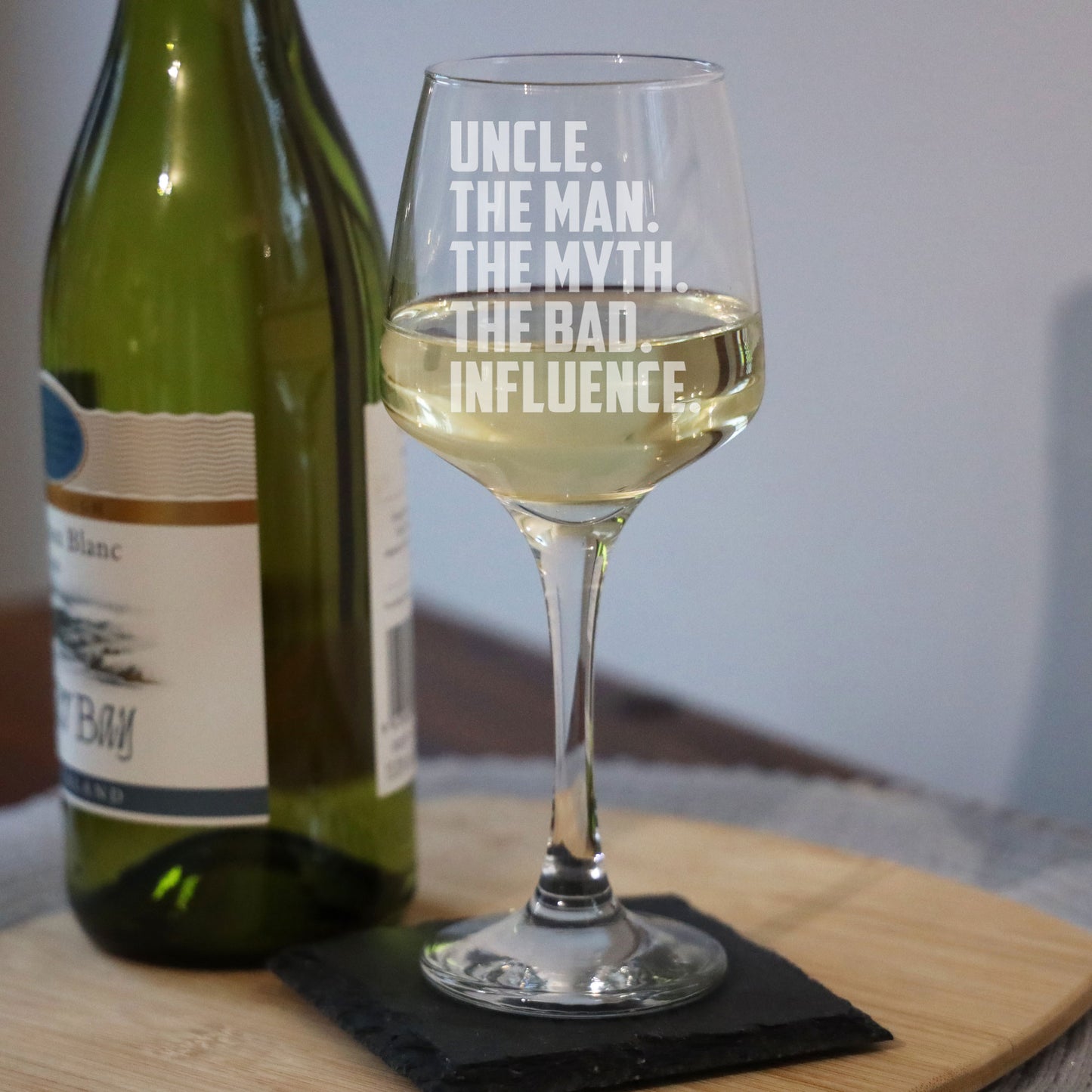 Uncle, The Man, The Myth, The Bad Influence Engraved Wine Glass and/or Coaster Set - Always Looking Good -