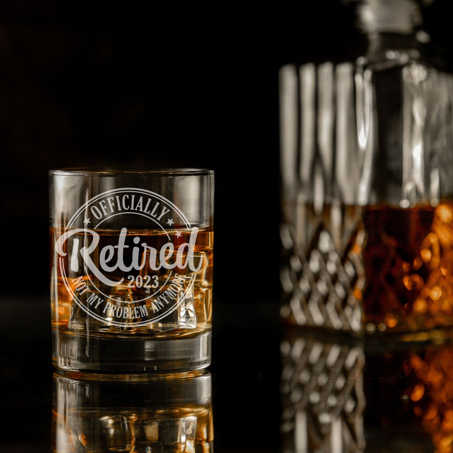 “Officially Retired” Engraved Retirement Whisky Glasses and/or Coaster Set - Always Looking Good -