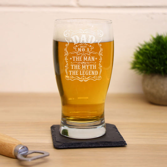 Dad The Man The Myth The Legend Laser engraved beer Glass and/or Coaster Set - Always Looking Good -