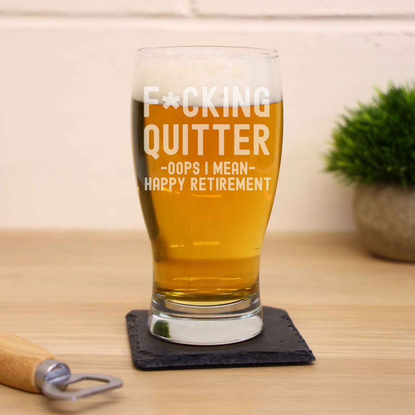Engraved "F*cking Quitter, Oops I mean Happy Retirement" Beer Glass and/or Coaster Novelty Gift - Always Looking Good - retirement beer glass