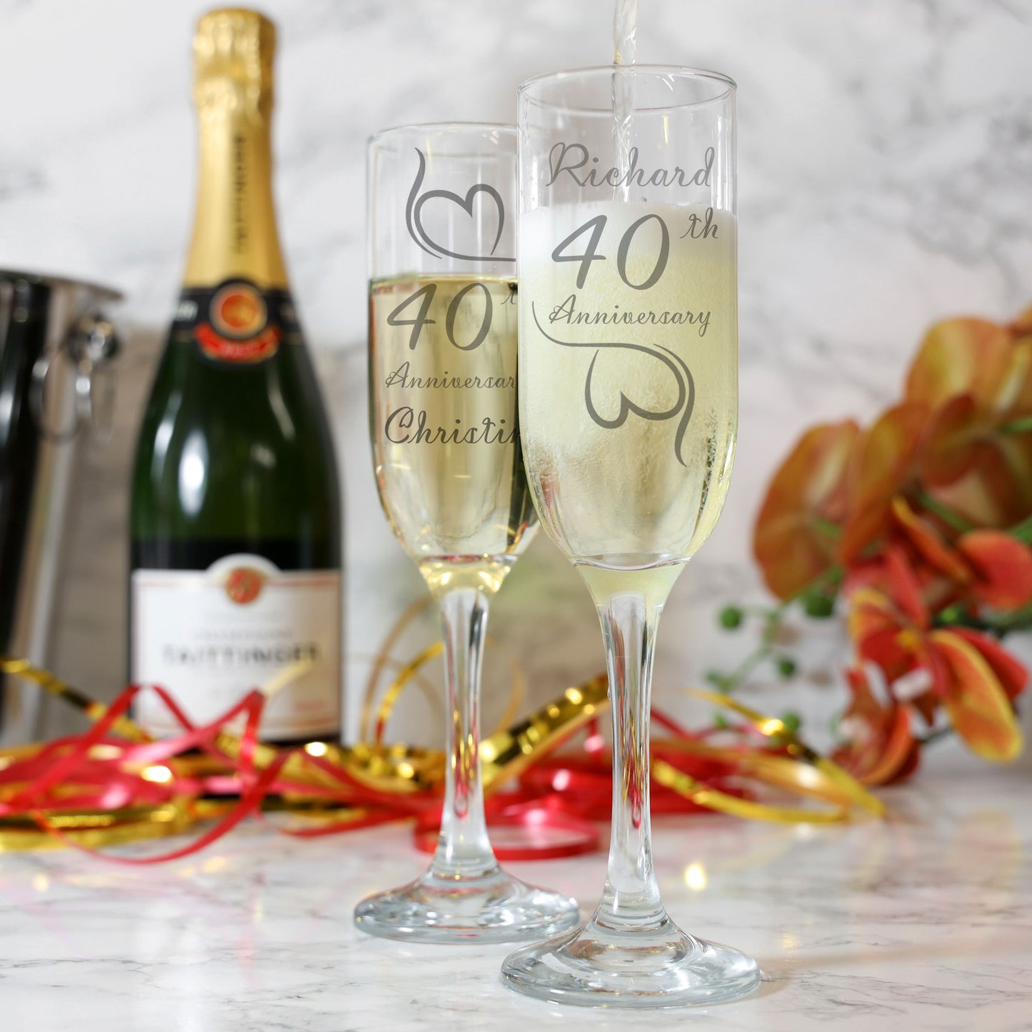 ANY YEAR Personalised Wedding Anniversary Engraved Couple Champagne Glasses