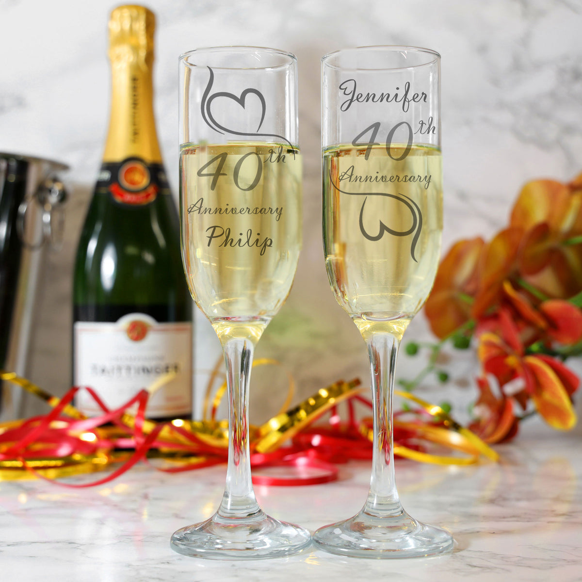 ANY YEAR Personalised Wedding Anniversary Engraved Couple Champagne Glasses