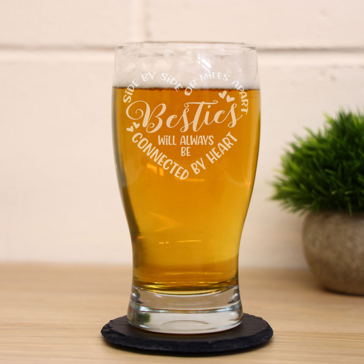 Besties Connected By Heart Engraved Beer Glass and/or Coaster Set - Always Looking Good - gift for best friend
