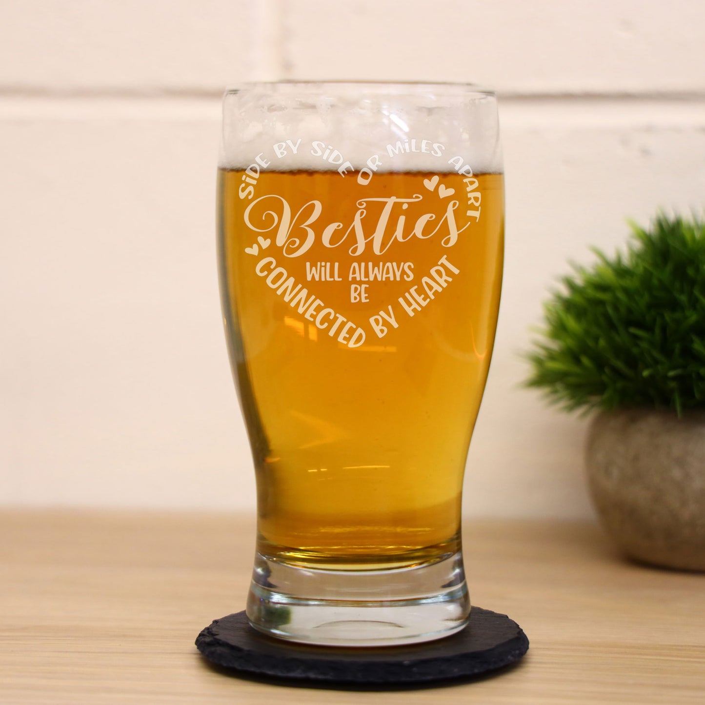 Besties Connected By Heart Engraved Beer Glass and/or Coaster Set - Always Looking Good - gift for best friend