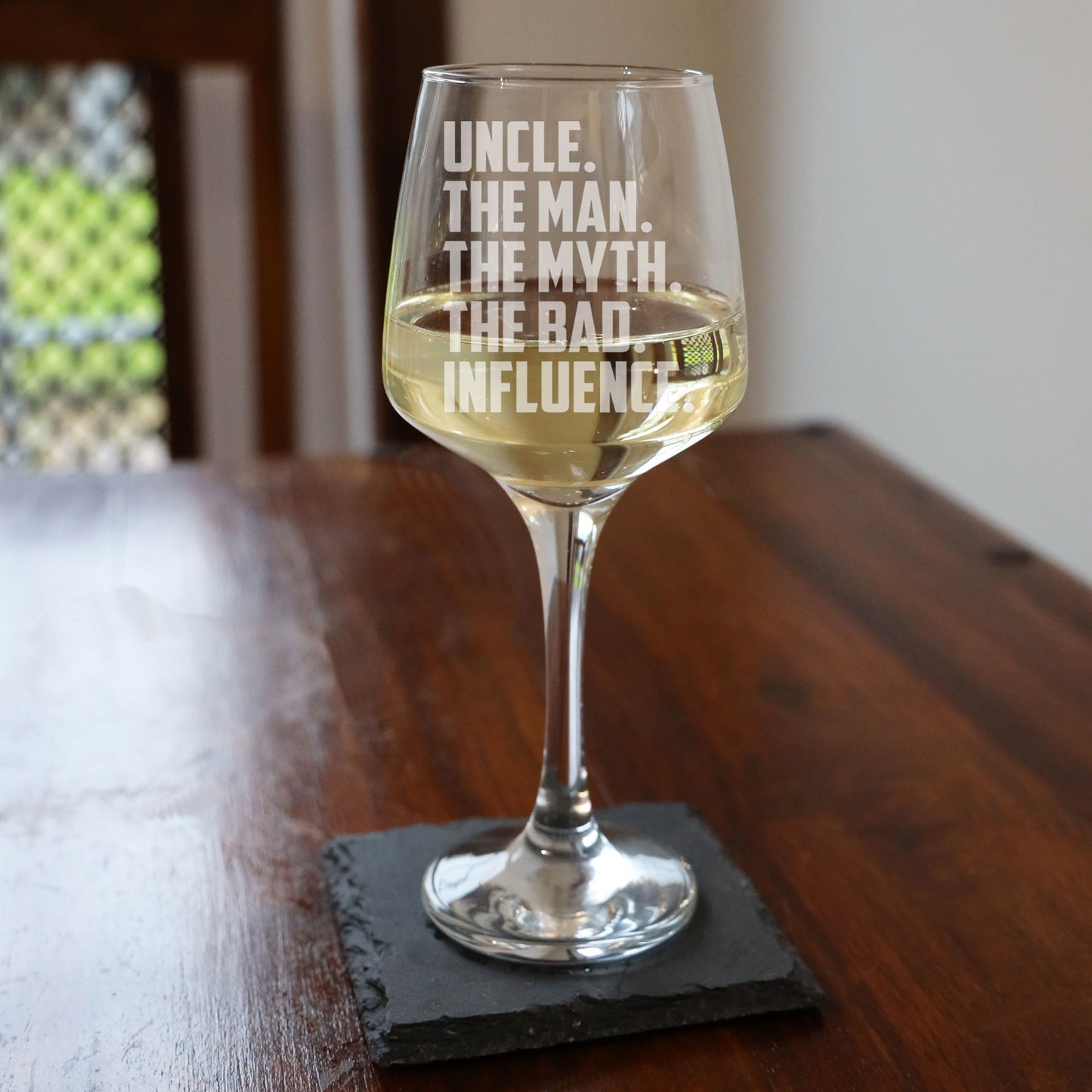 Uncle, The Man, The Myth, The Bad Influence Engraved Wine Glass and/or Coaster Gift For Uncle - Always Looking Good -