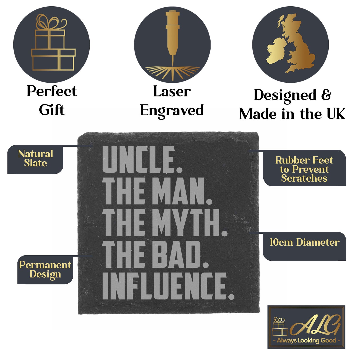 Uncle, The Man, The Myth, The Bad Influence Engraved Beer Glass and/or Coaster Set - Always Looking Good -