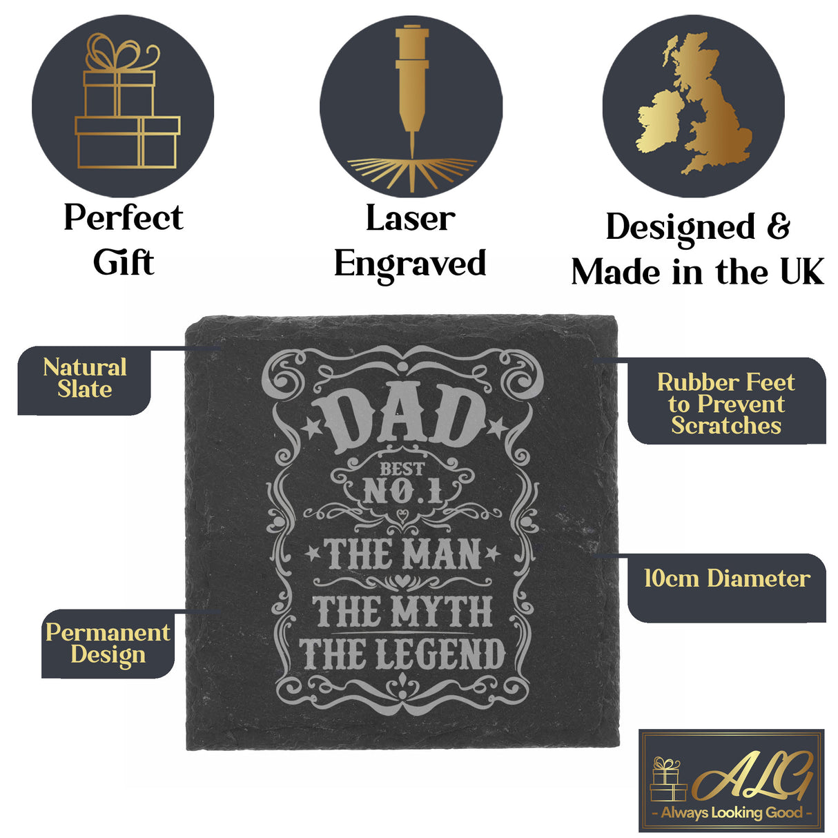 Dad The Man The Myth The Legend Engraved Whisky Glass and/or Coaster Set - Always Looking Good -