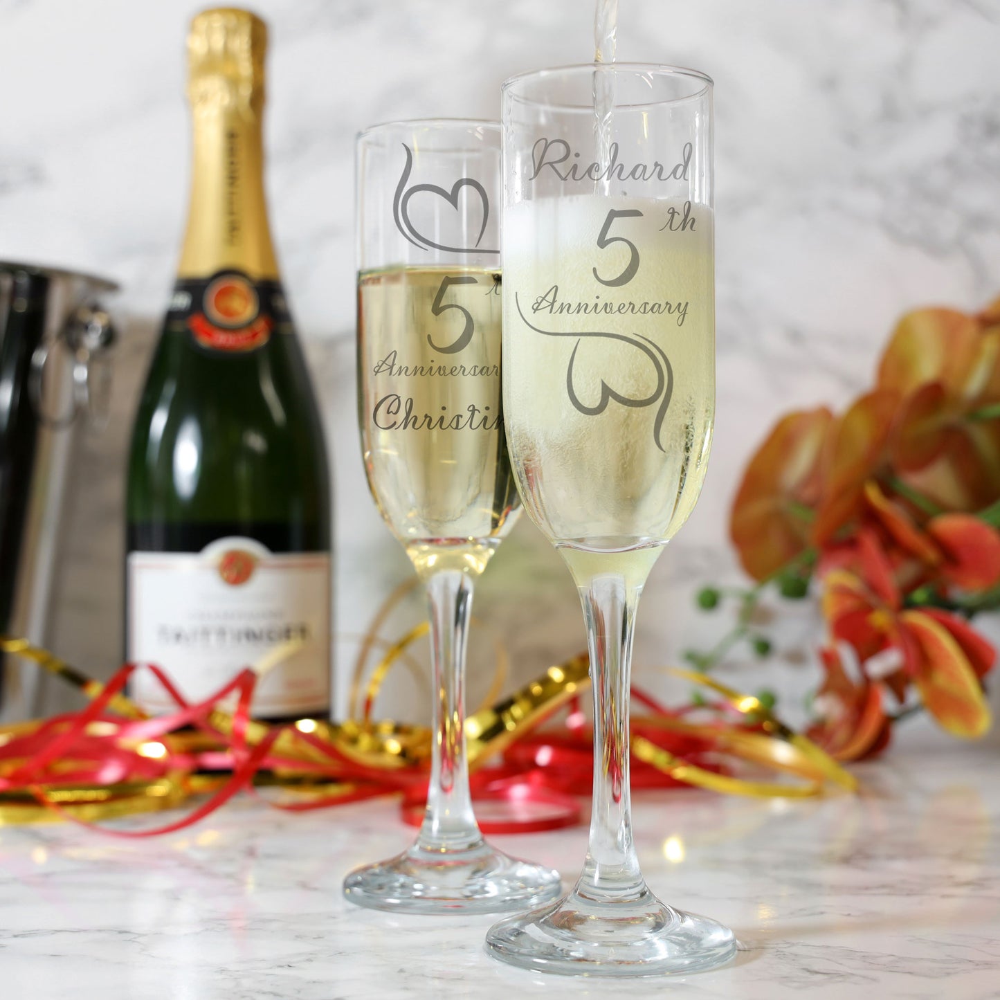 ANY YEAR Personalised Wedding Anniversary Engraved Couple Champagne Glasses