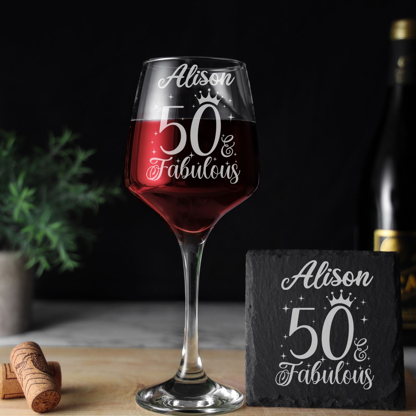 AGE & Fabulous Wine Glass For Birthday With Engraved Age (18-100) & Coaster