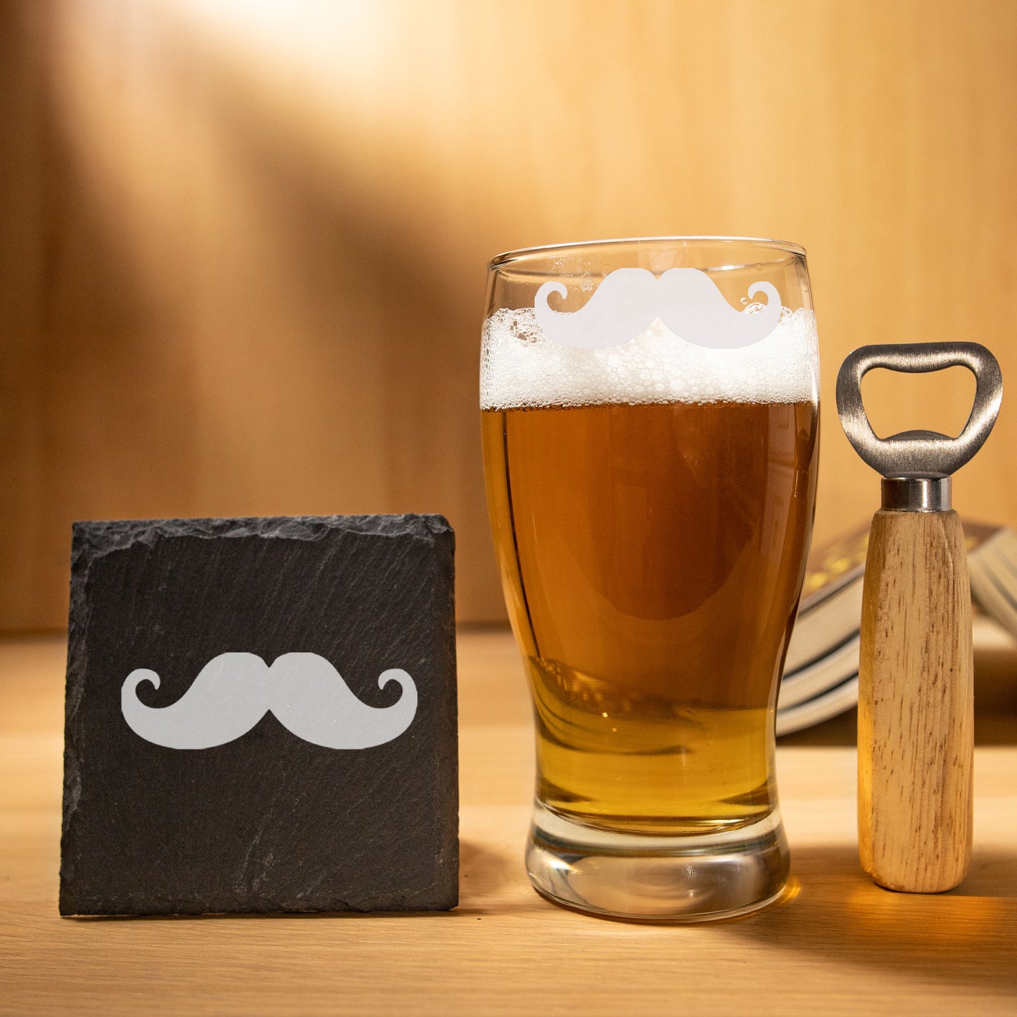 Moustache Engraved Pint Glass and/or Coaster Set - Always Looking Good -