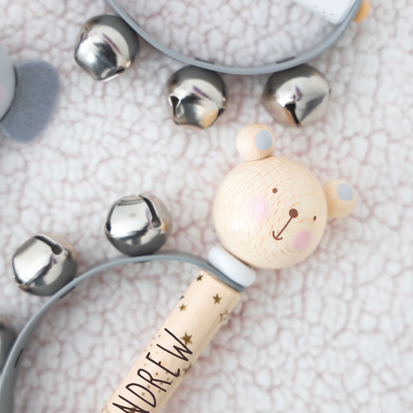 Personalised Engraved Wooden Baby Hand Bells Toy - Always Looking Good - Teddy