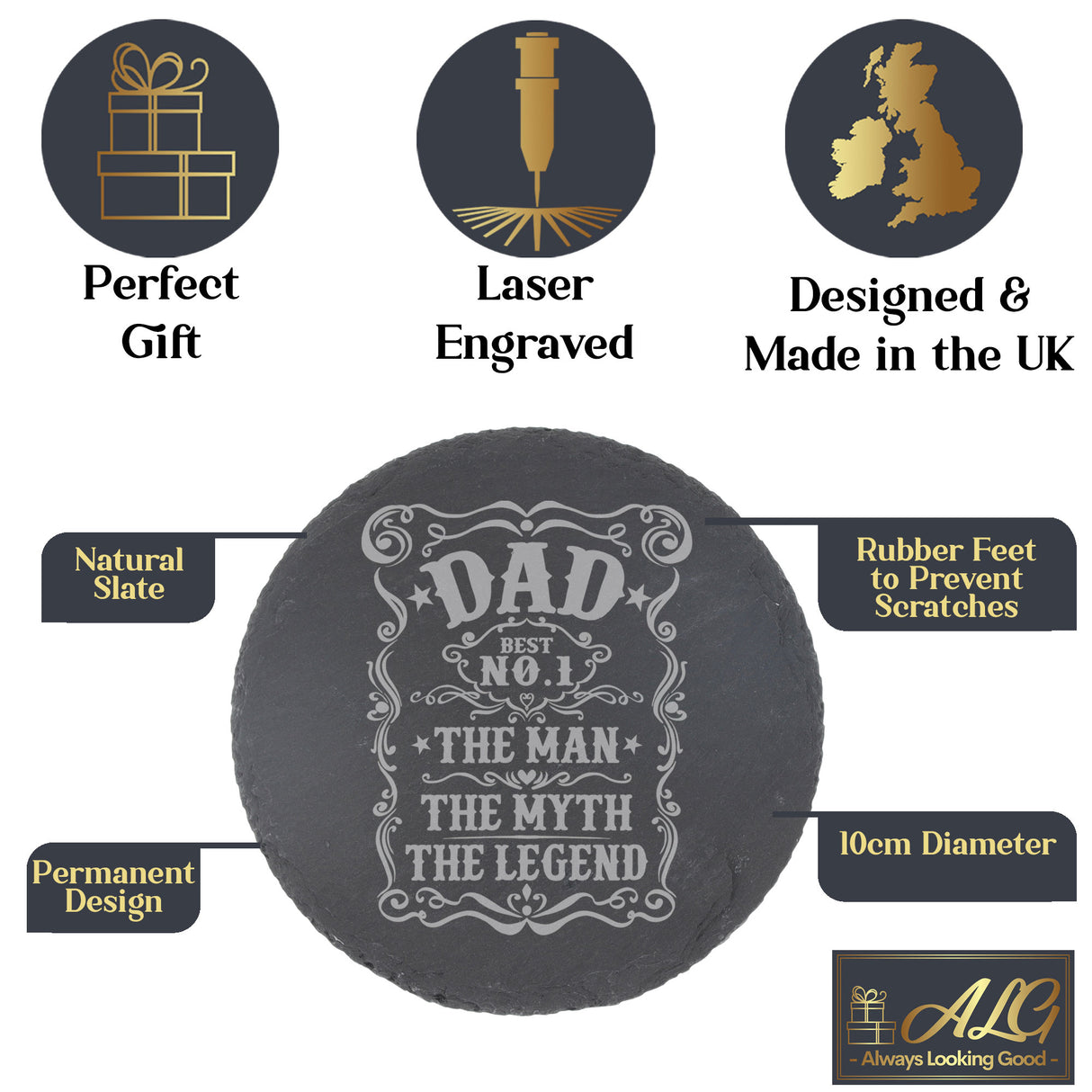 Dad The Man The Myth The Legend Engraved Whisky Glass and/or Coaster Set - Always Looking Good -