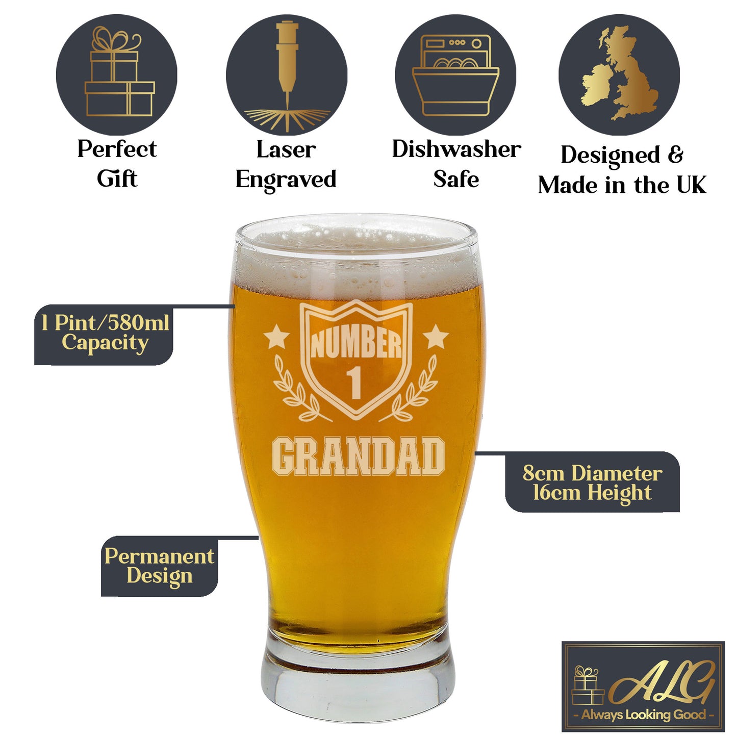 Number 1 Grandad Engraved Beer Pint Glass - Always Looking Good -