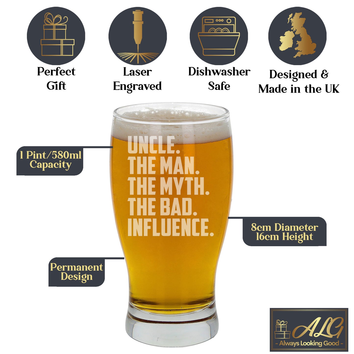 Uncle, The Man, The Myth, The Bad Influence Engraved Beer Glass and/or Coaster Set - Always Looking Good -
