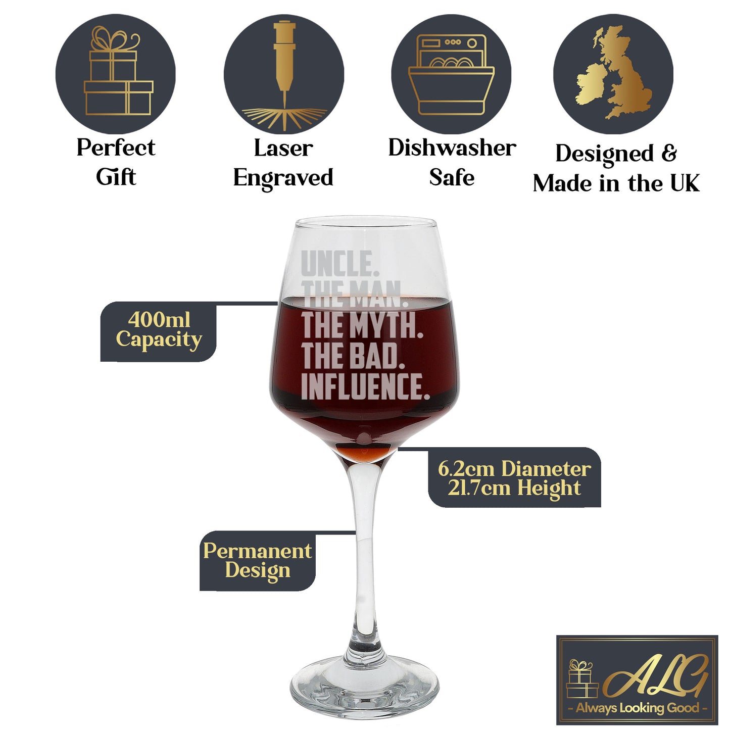 Uncle, The Man, The Myth, The Bad Influence Engraved Wine Glass and/or Coaster Set - Always Looking Good -