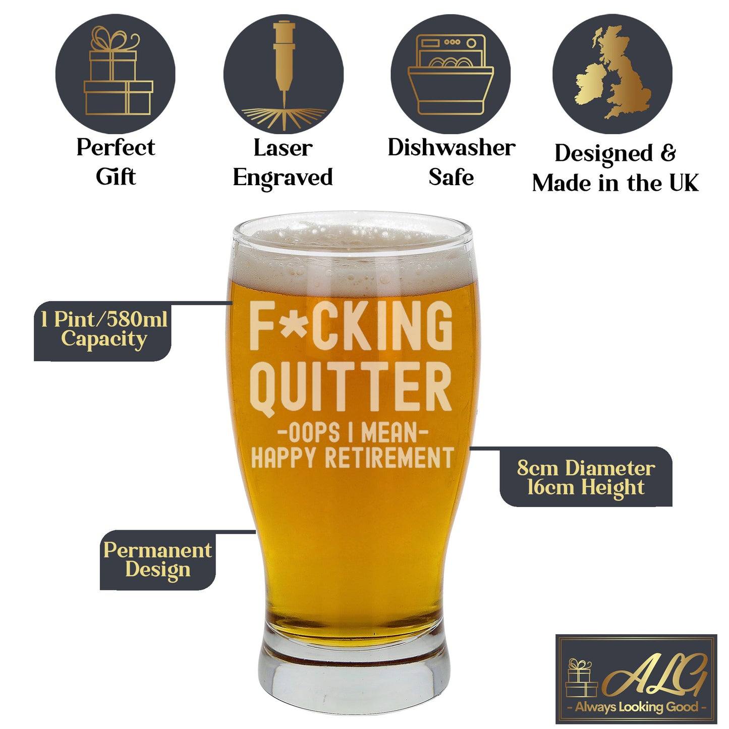 Engraved "F*cking Quitter, Oops I mean Happy Retirement" Beer Glass and/or Coaster Novelty Gift - Always Looking Good -