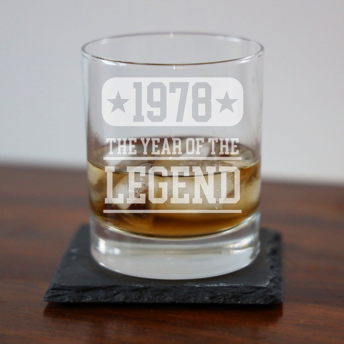 ANY Year Of The Legend Engraved Personalised Whisky Glass and/or Coaster Set - Always Looking Good -