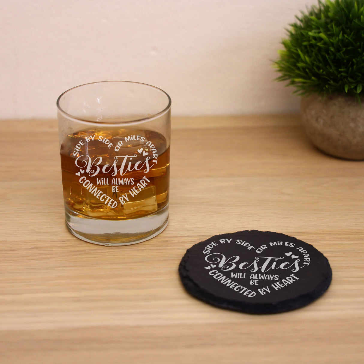 Besties Connected By Heart Engraved Whisky Glass and/or Coaster Set - Always Looking Good - Glass & Round Coaster Set