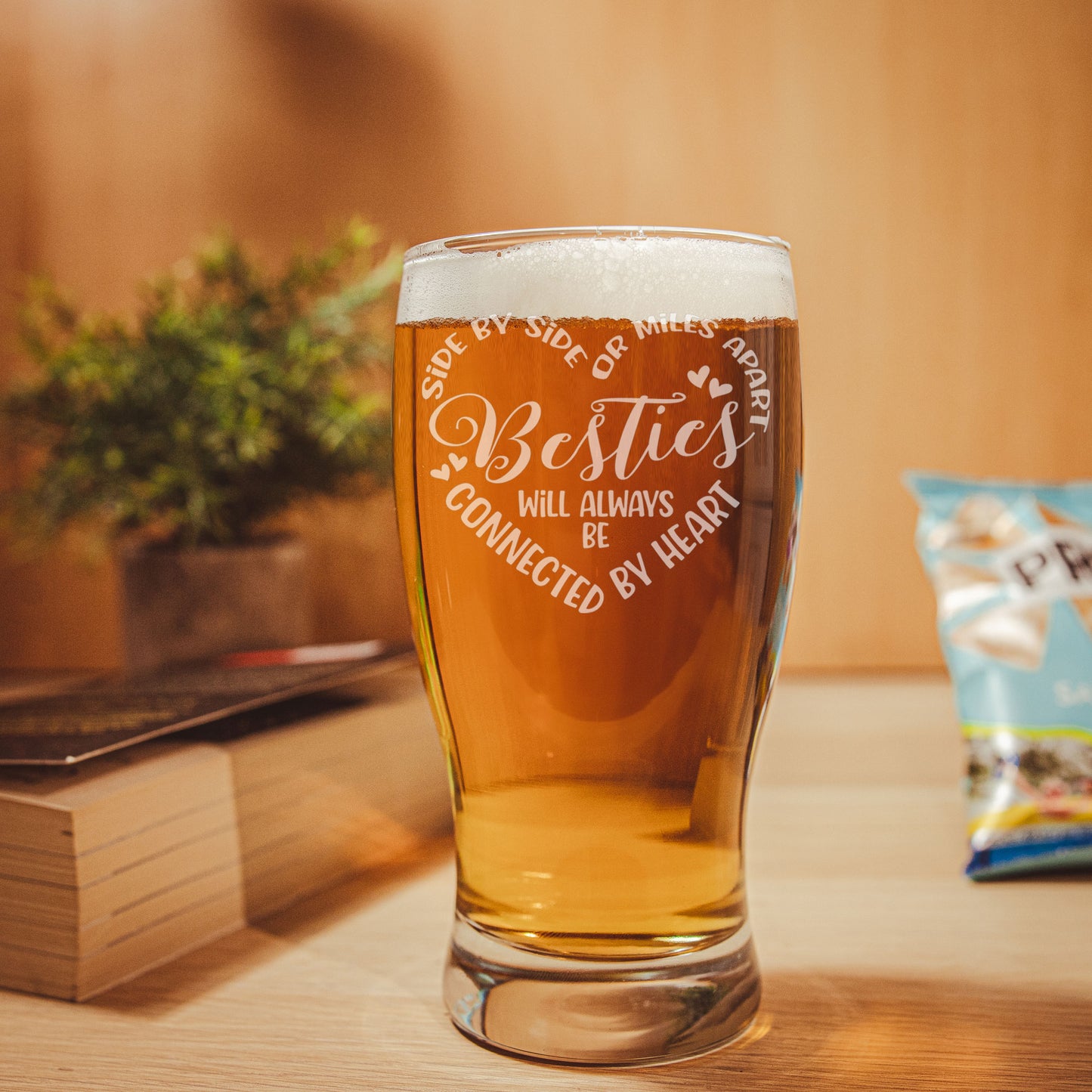 Besties Connected By Heart Engraved Beer Glass and/or Coaster Set - Always Looking Good - gift for best friend