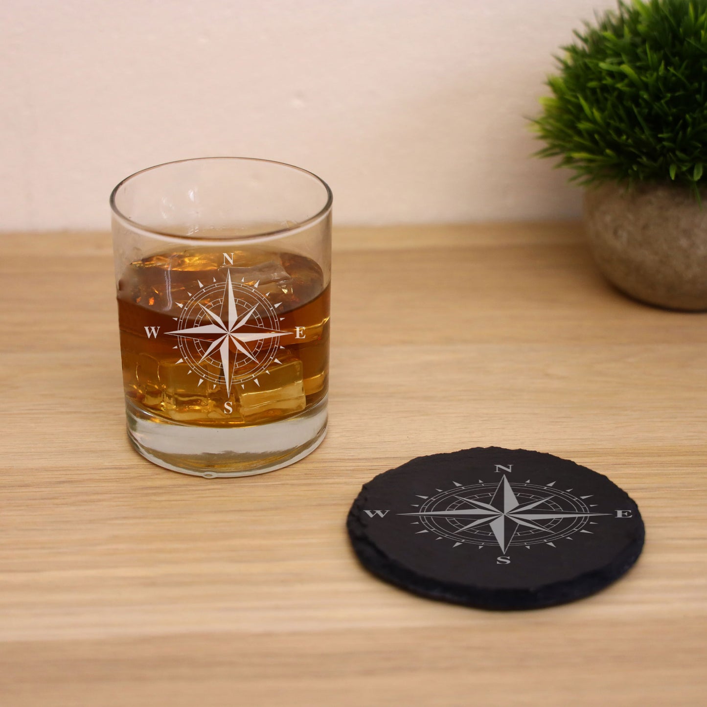 Compass Engraved Whisky Glass and/or Coaster Set - Always Looking Good - Glass & Round Coaster Set
