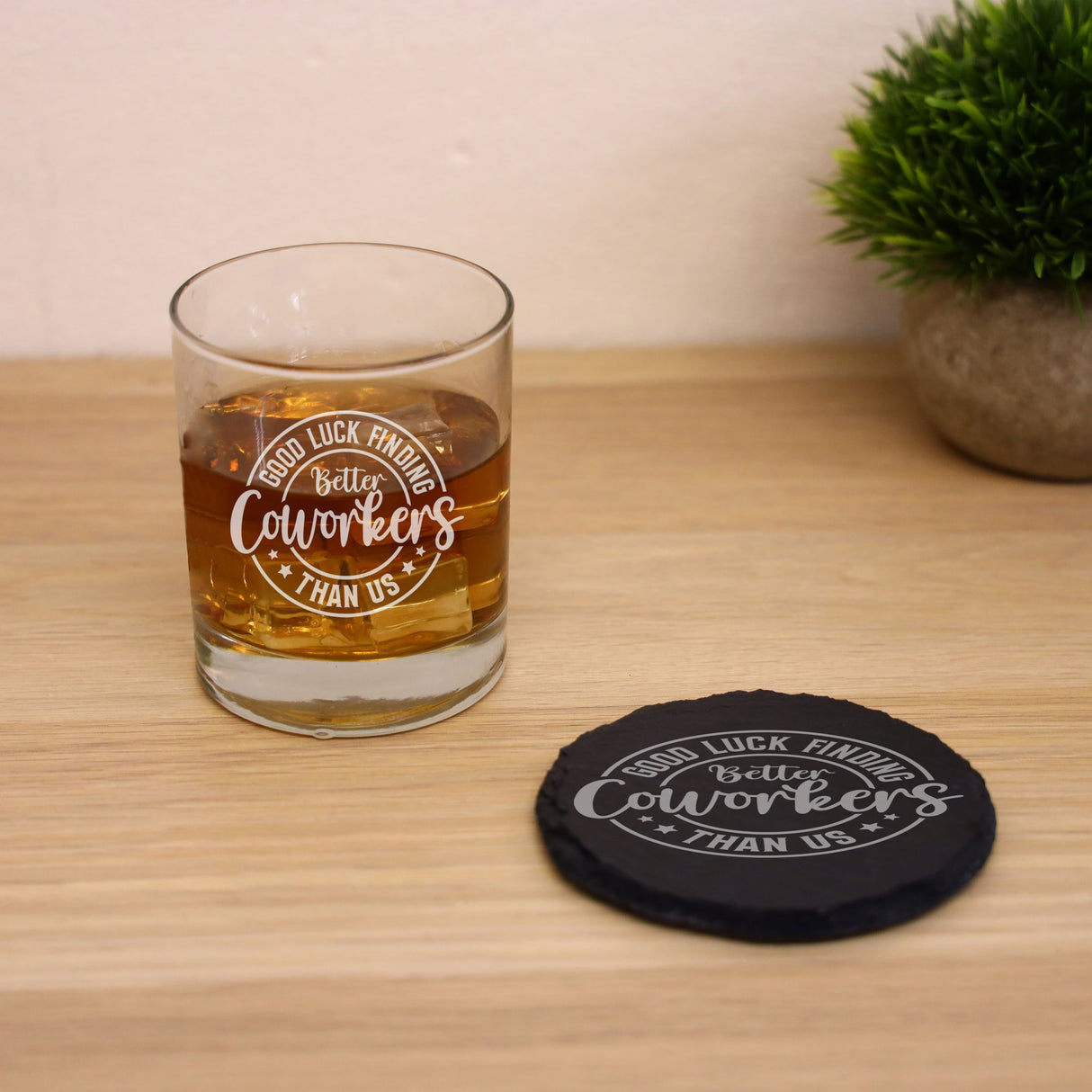 “Better Coworker” Engraved Whisky Glass & Coaster – Coworker Gift