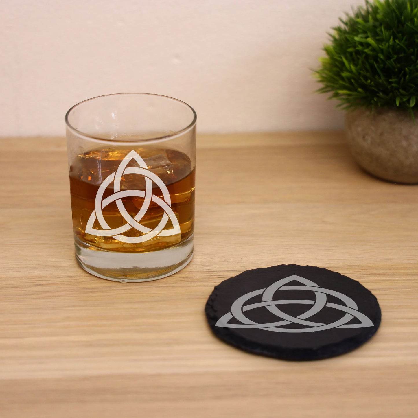 Celtic Knot Engraved Whisky Glass and/or Coaster Set - Always Looking Good - Glass & Round Coaster Set