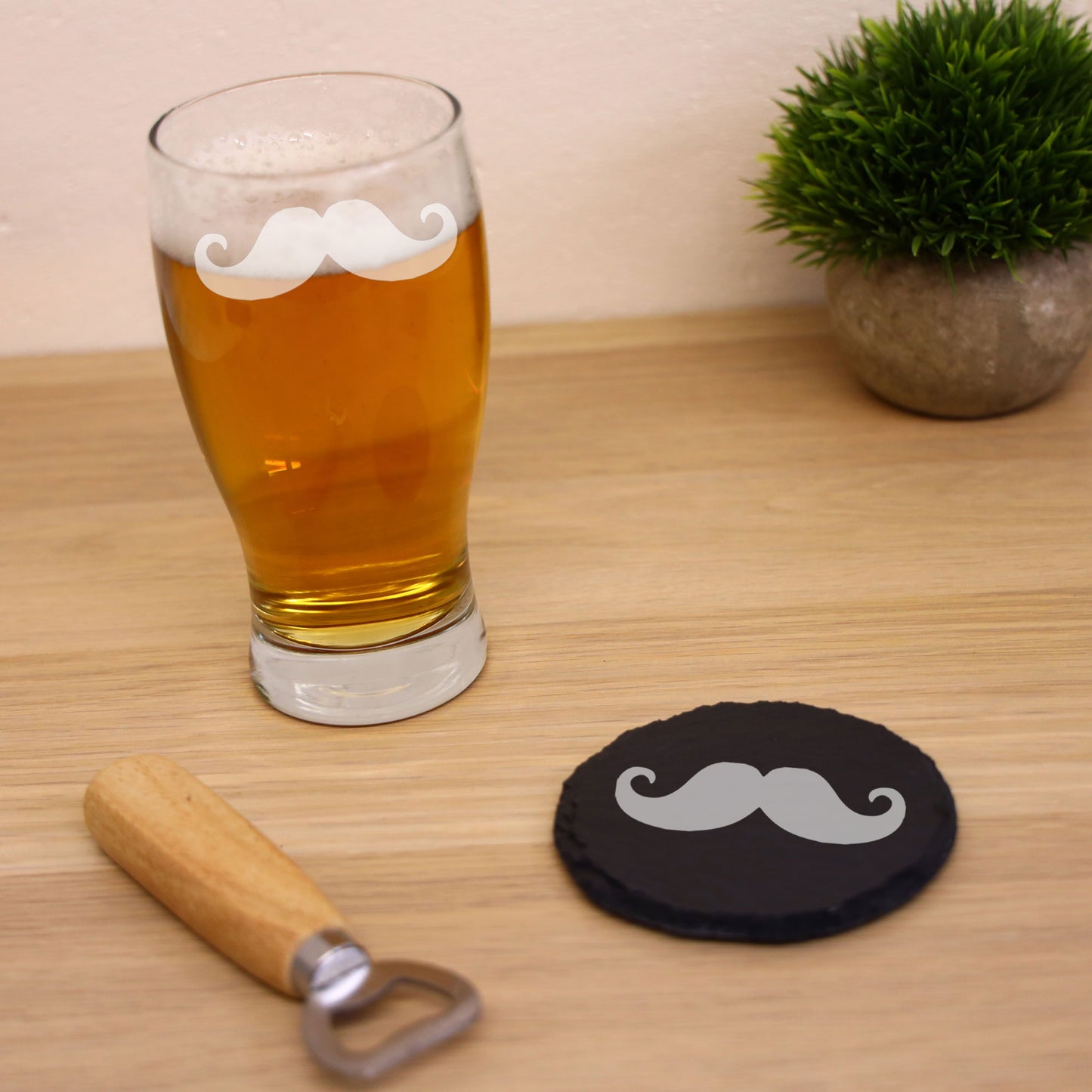 Moustache Engraved Beer Pint Glass and/or Coaster Set - Always Looking Good - Glass & Round Coaster Set