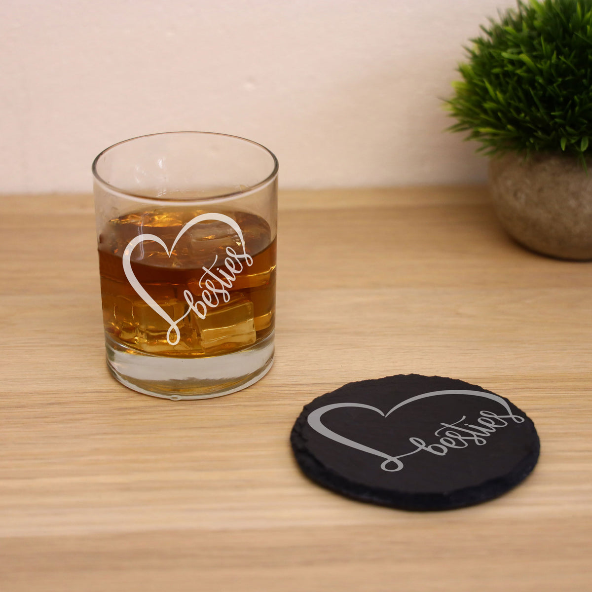 Besties Engraved Whisky Glass and/or Coaster Set - Always Looking Good - Glass & Round Coaster Set