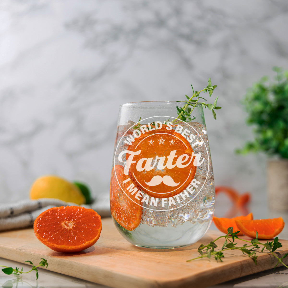 Best Farter I Mean Father Engraved Stemless Gin Glass – Funny Gift for Dad
